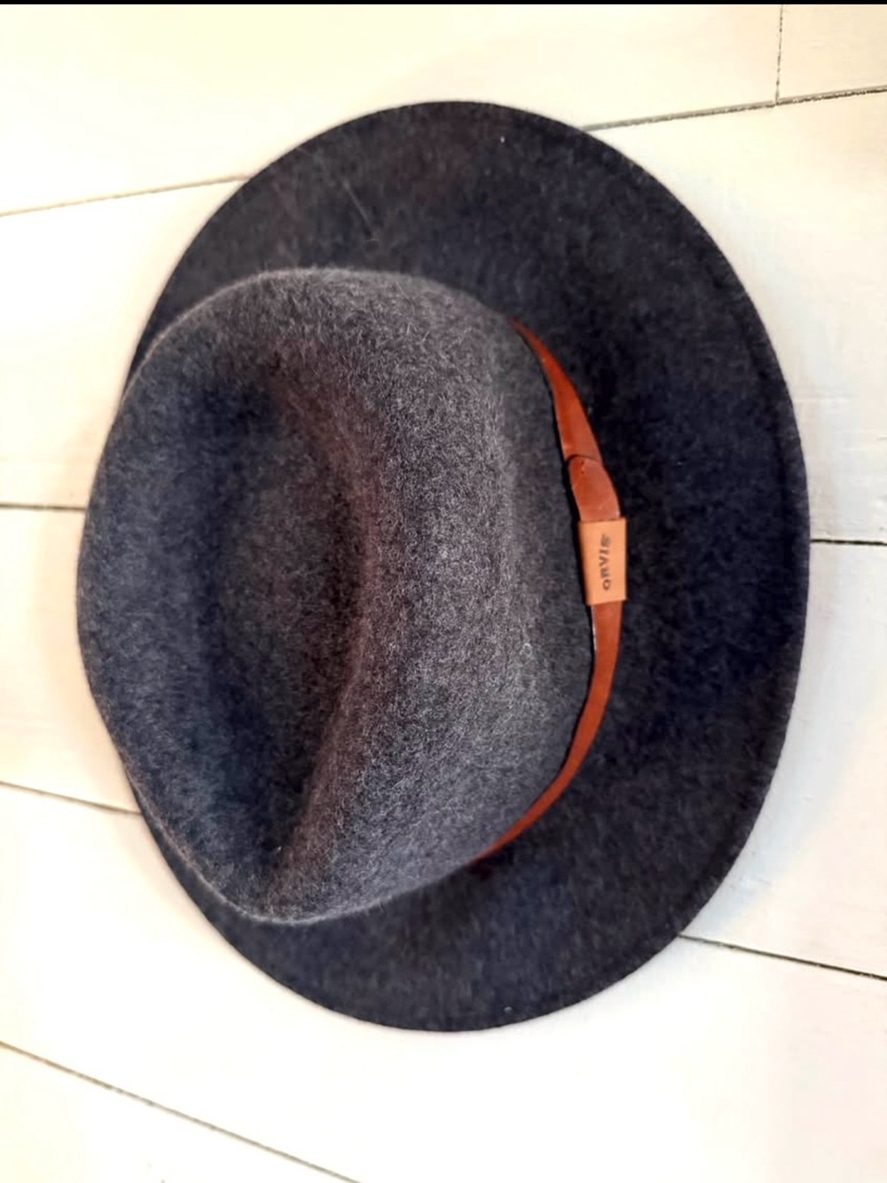 Orvis Gray Wool Hat with Brown Leather Band, Large